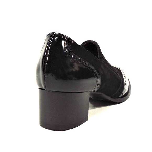 LUIGI TRAINI 🇮🇹 WOMENS BLACK PATENT LEATHER AND SUEDE COMFORT HEELED LOAFERS - Picture 5 of 8